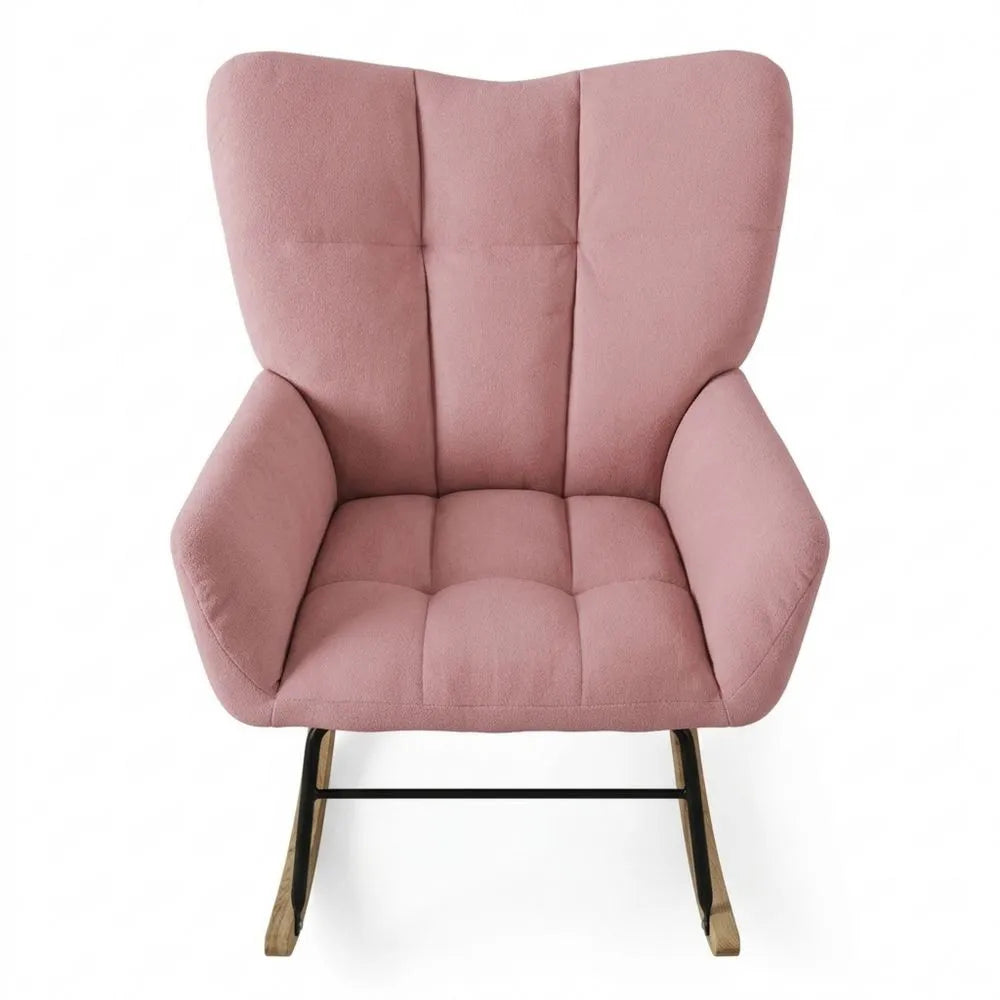 Komfortabler Schaukelsessel in Rosa mit Frottee-Bezug, Polstersessel mit Holzkufen und Armlehnen für Wohnzimmer, Schlafzimmer oder Balkon
