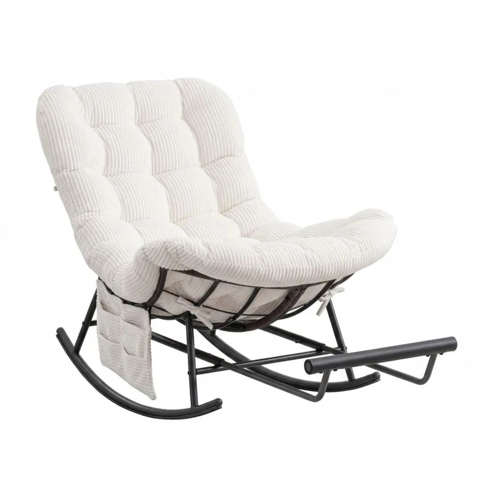 Verstellbarer Schaukelstuhl mit Fußhocker, Rattansessel für Innen- und Außenbereich, Inklusive Kissen und Seitentasche, Rutschfeste Füße, Beige