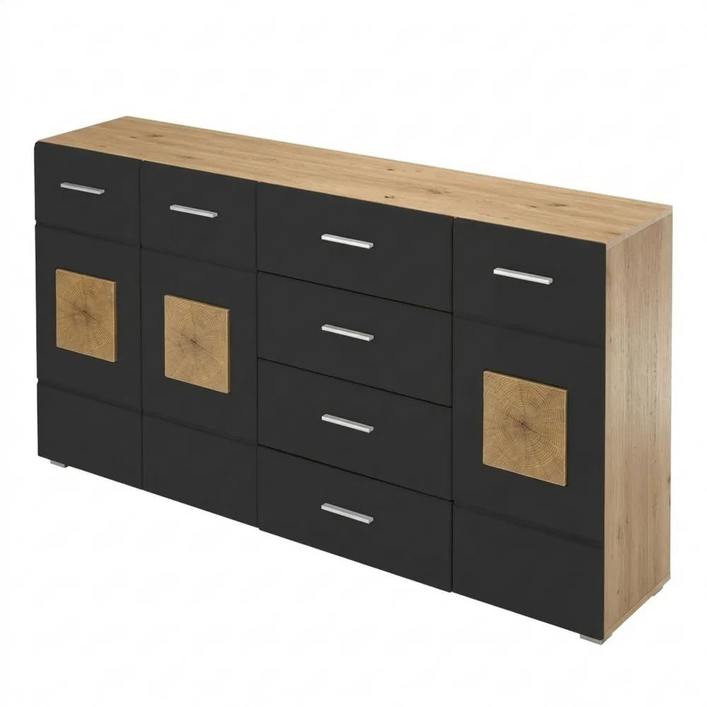 Schwarzes Sideboard mit Eichenoptik und viel Stauraum